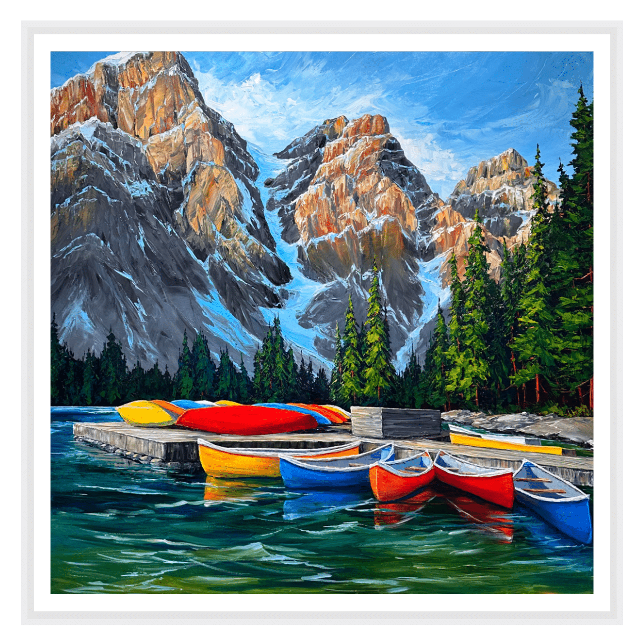 Stumpcraft Puzzle - Painting of a lake at teh base of mountains, with canoes on the water by Brenda Banda Johnson